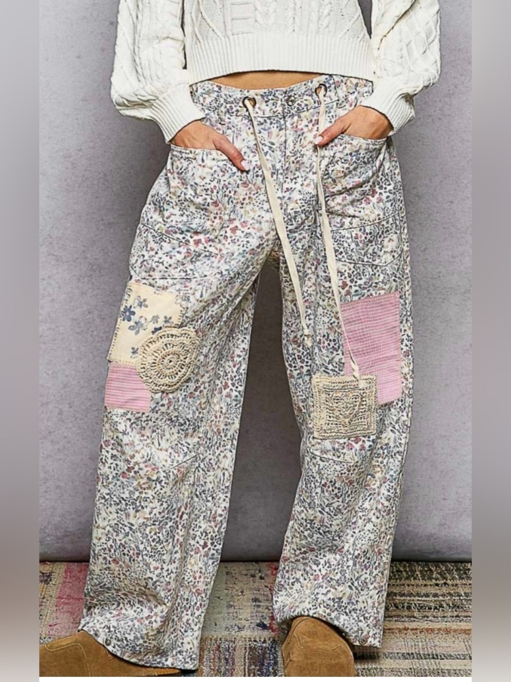 NWOT POL Floral Patchwork Pants - Pink & Blue